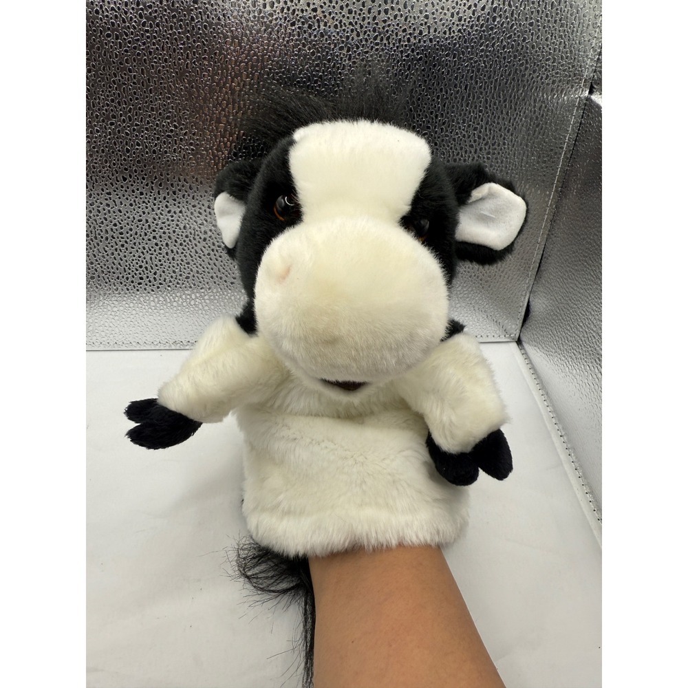 Douglas Cuddle Toy Cow Hand Puppet Plush Black White Farm Animal